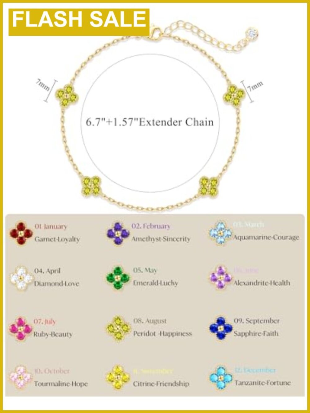 14k Gold Plated Clover Birthstone Bracelet Dainty Adjustable Link Charm - Picture 4 of 5